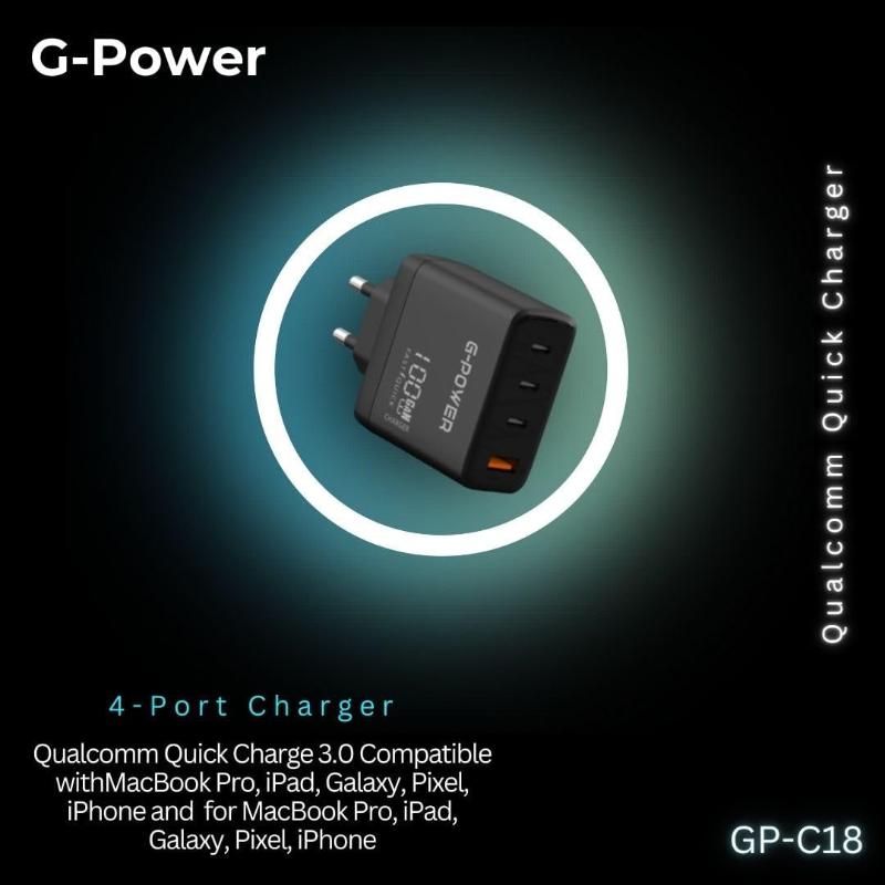 G-Power GP-C18 100W 4-Port Charger | USB-A & 3 USB-C, Quick Charge 3.0 - Black