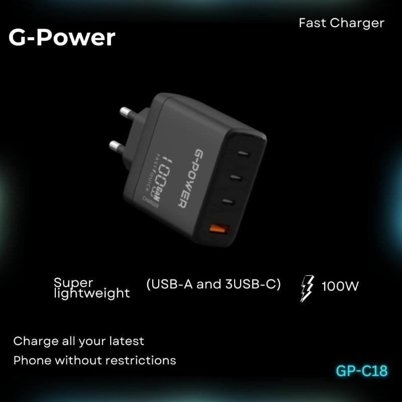 G-Power GP-C18 100W 4-Port Charger | USB-A & 3 USB-C, Quick Charge 3.0 - Black