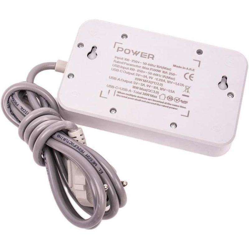 G-Power WS341 Power Strip | 3 Universal Sockets, 6 Smart USB Ports 2.4A, 220V Surge Protector - Black/Grey