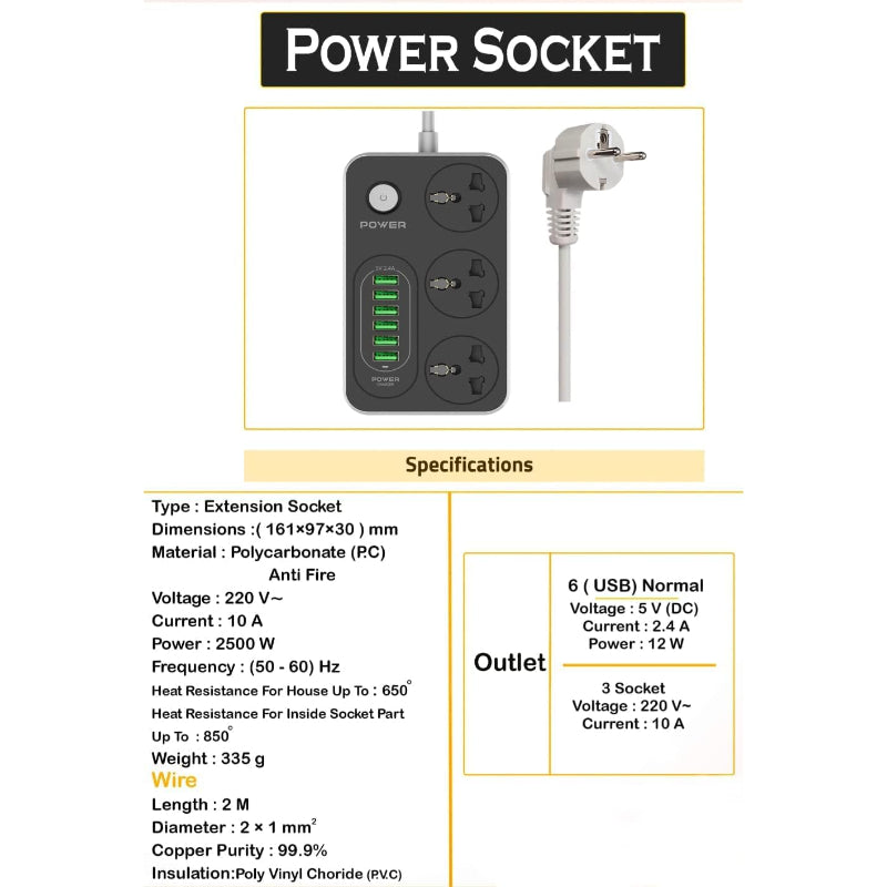 G-Power WS341 Power Strip | 3 Universal Sockets, 6 Smart USB Ports 2.4A, 220V Surge Protector - Black/Grey