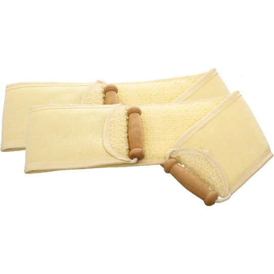 G-Beauty GBY-022 Natural Oval Double Face Massage Loofah with Wooden Handles for Bath, Spa, and Shower - Set of 2 Pieces - Beige