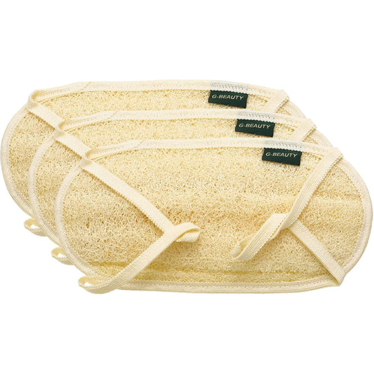 G-Beauty GBY-016 Natural Oval Double Face Massage Loofah with Fabric Handle for Bath, Spa, and Shower - Set of 3 Pieces - Beige
