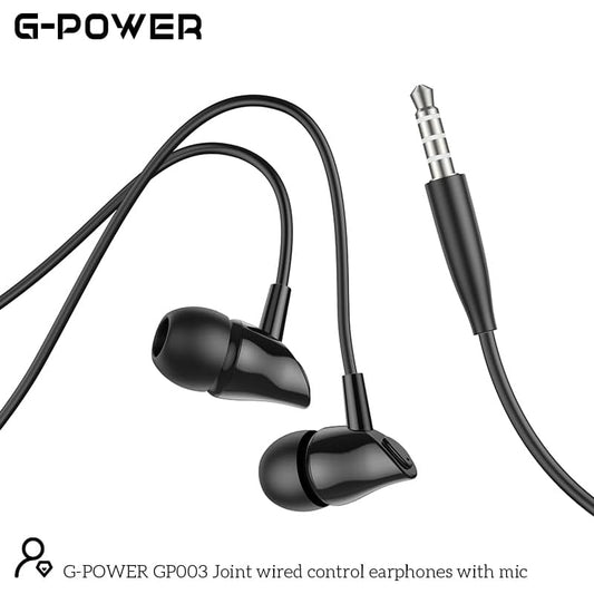 G-Power GP003 Wired Stereo Earphones | Microphone, Controller Button, 3.5mm Jack - Black