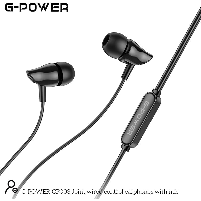 G-Power GP003 Wired Stereo Earphones | Microphone, Controller Button, 3.5mm Jack - Black