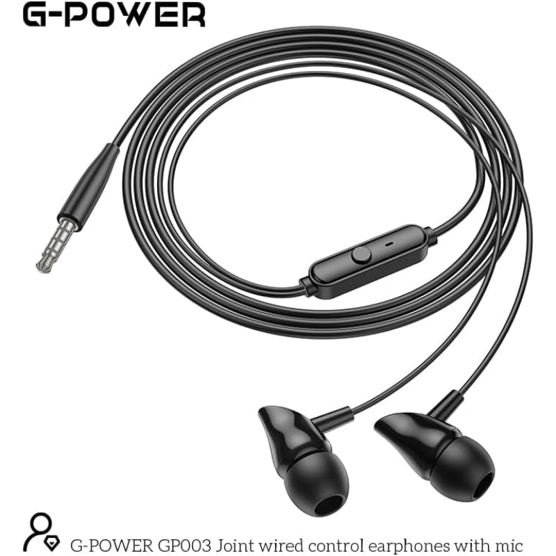 G-Power GP003 Wired Stereo Earphones | Microphone, Controller Button, 3.5mm Jack - Black