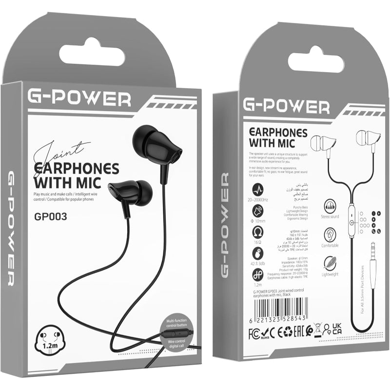 G-Power GP003 Wired Stereo Earphones | Microphone, Controller Button, 3.5mm Jack - Black