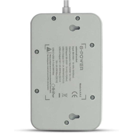 جي-باور GP341 مشترك كهربائي | 3 منافذ عالمية، 6 منافذ USB ذكية 2.4A، 220 فولت مع واقي من زيادة الجهد - أسود/رمادي