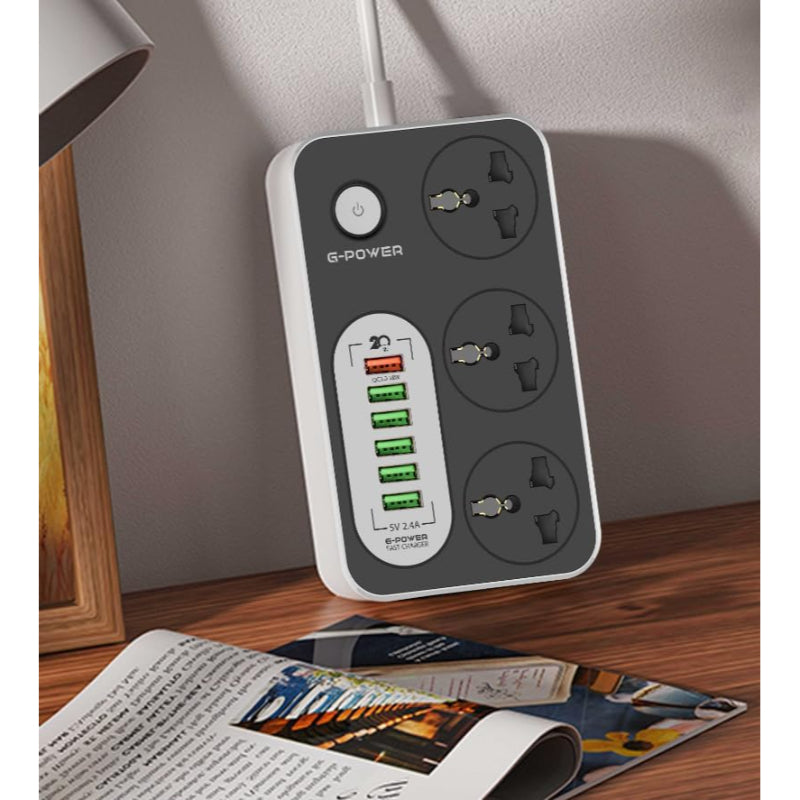 G-Power GP341 Power Strip | 3 Universal Sockets, 6 Smart USB Ports 2.4A, 220V Surge Protector - Black/Grey