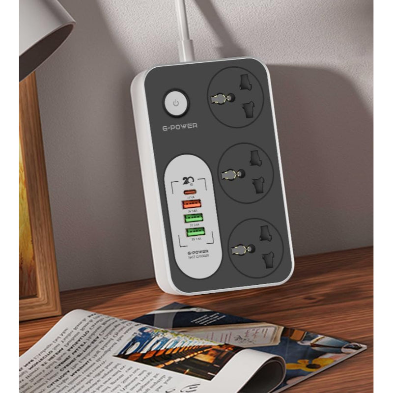 G-Power GP343 UK Power Strip | 3 Universal Sockets, 1 Fast Charge 18W, 1 Type-C 20W, 2 USB 2.4A, 220V - Black/Grey