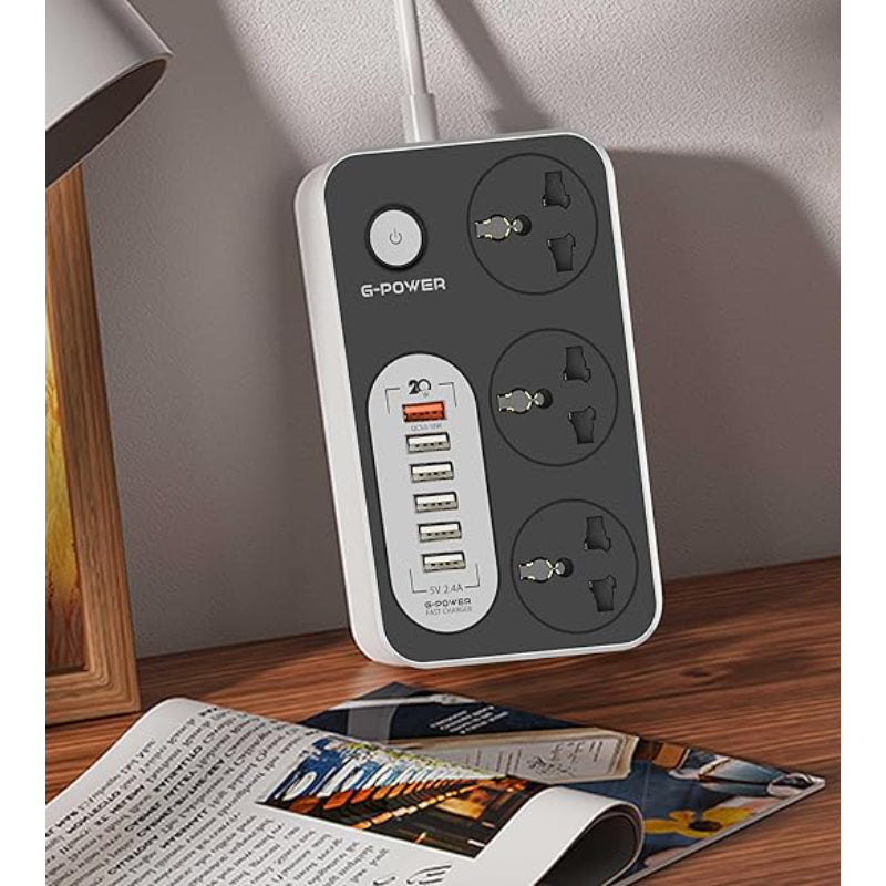 G-Power GP341 Power Strip | 3 Triple Sockets, 5 USB 12W, 1 Fast USB 18W, 2M Cable - Grey
