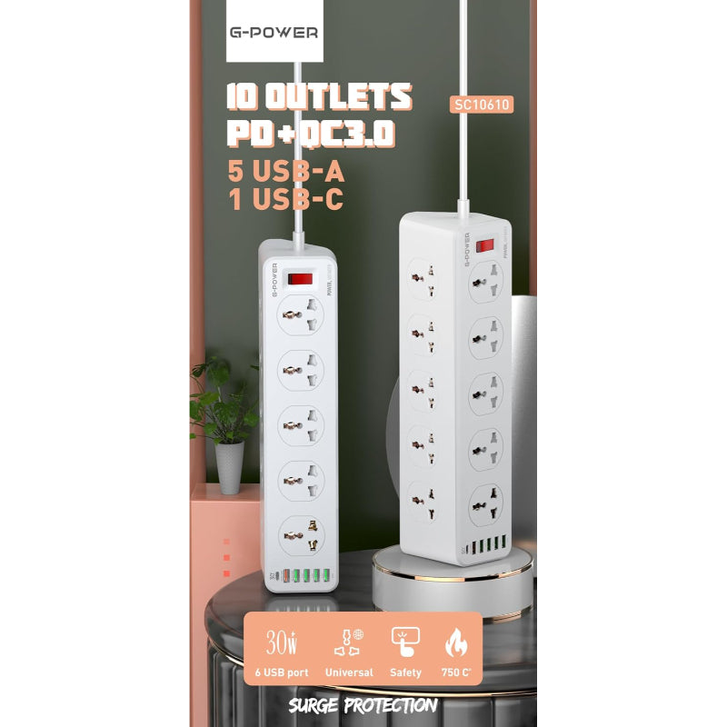 G-Power SC10610 Power Socket | 10 Outlets, 5 USB-A, 1 USB-C 32W, 200CM - White