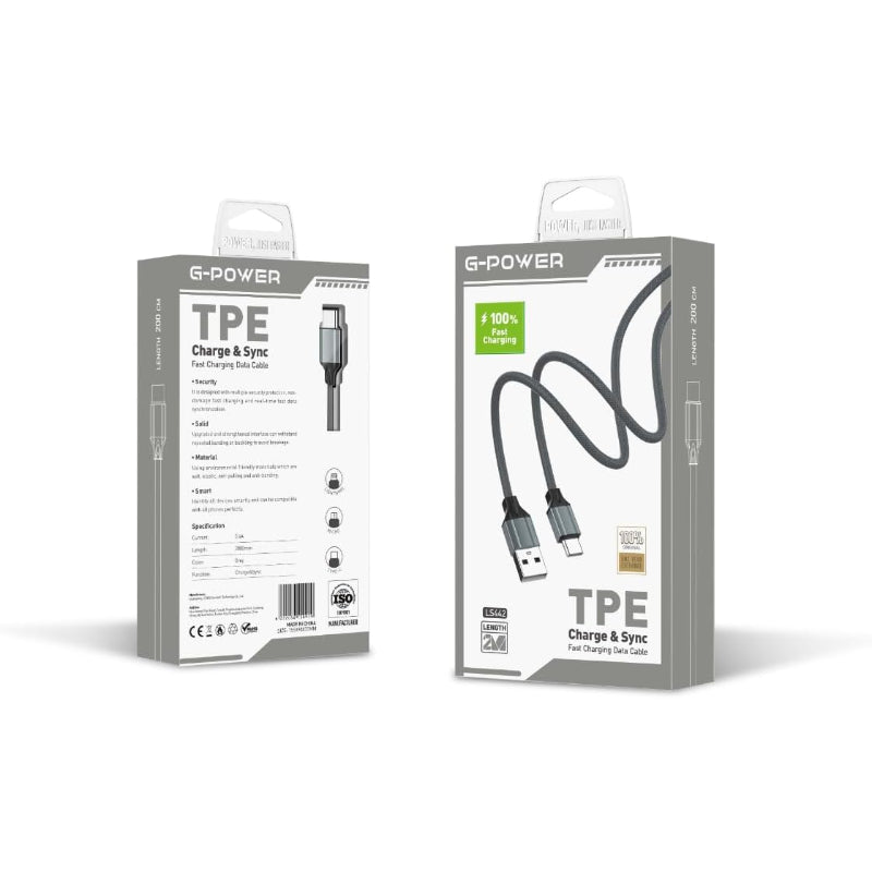 G-Power LS442 Type-C to USB Cable | 2.4A Fast Charging, 200CM Length, Data Sync - Grey