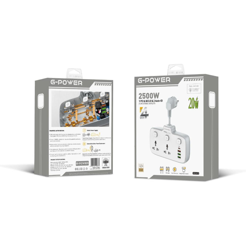 G-Power SC2413 Power Strip Tower | 2 Outlets, 1 PD 20W, 1 QC3.0 18W, 2 Auto ID Ports 12W - White