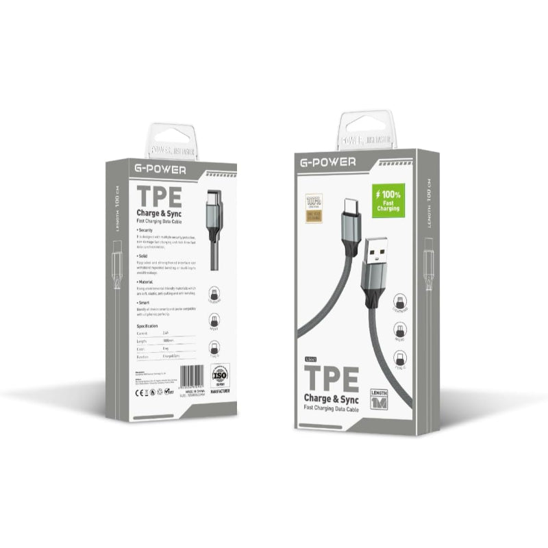 G-Power LS441 Type-C to USB Cable | 2.4A Fast Charging, 100CM Length, Data Sync - Grey