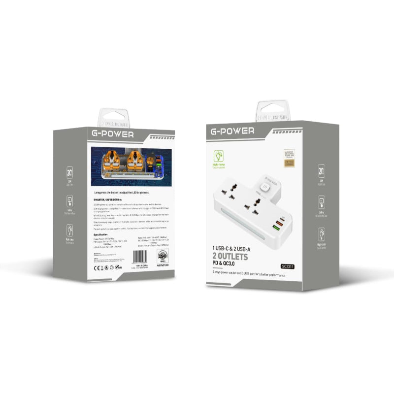 G-Power SC2311 Power Extension | Double Plug Adaptor with Nightlight, 1 PD 20W, 1 QC3.0 18W, 1 Auto ID 12W - White