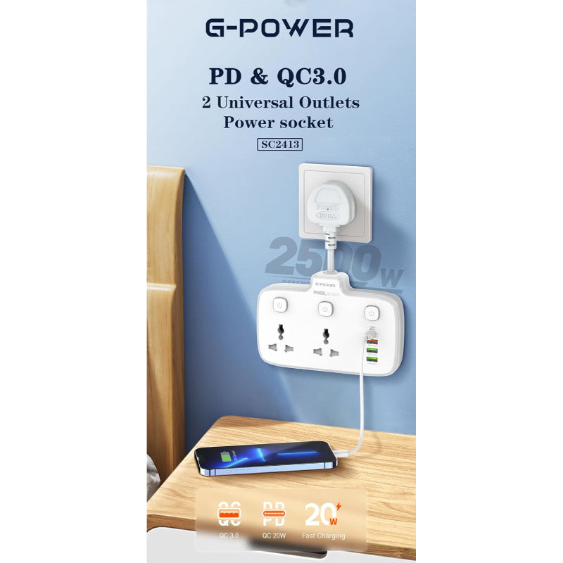 G-Power SC2311 Power Extension | Double Plug Adaptor with Nightlight, 1 PD 20W, 1 QC3.0 18W, 1 Auto ID 12W - White