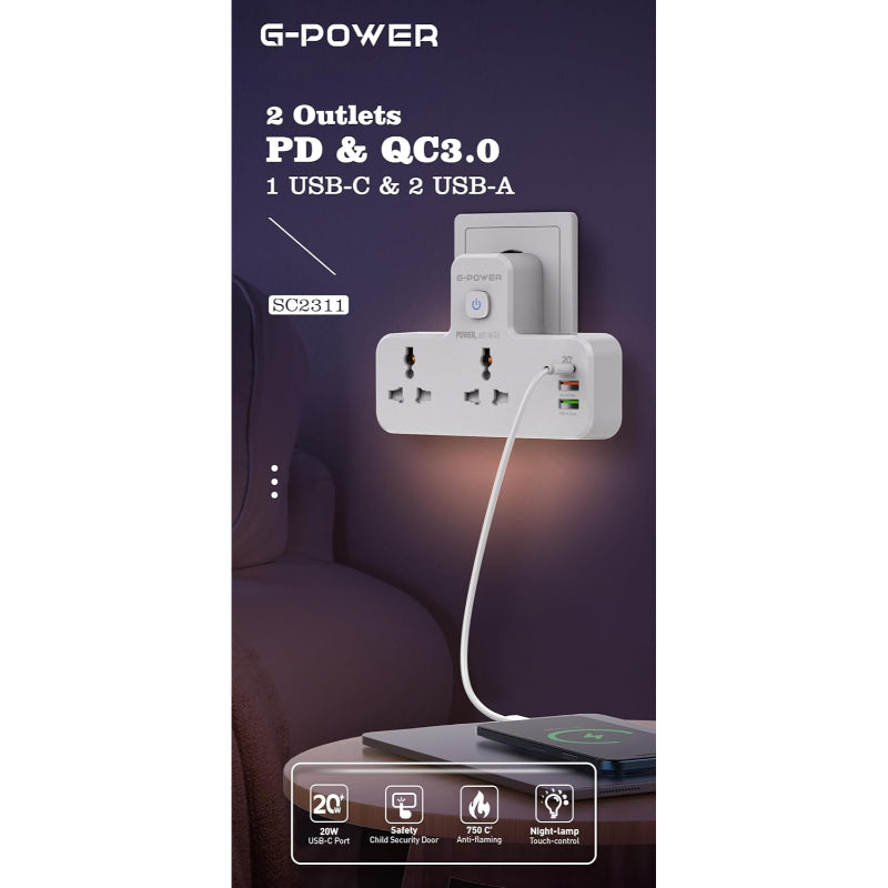 G-Power SC2311 Power Extension | Double Plug Adaptor with Nightlight, 1 PD 20W, 1 QC3.0 18W, 1 Auto ID 12W - White