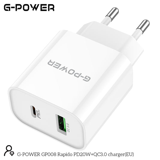 G-Power GP008 PD20W Dual Fast Charger | USB-A & Type-C - White