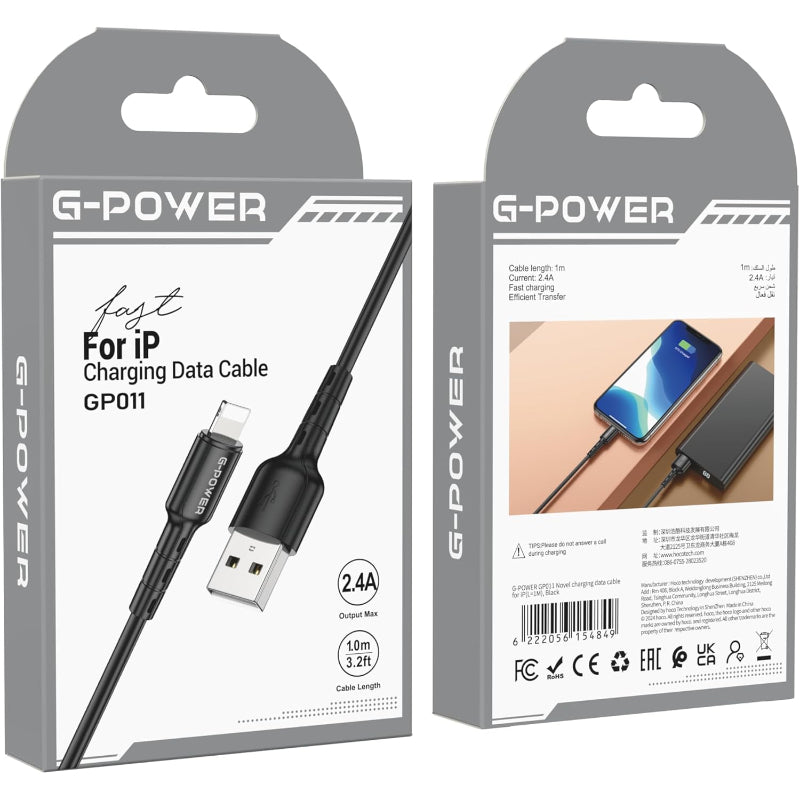 G-Power GP011 USB to Lightning Cable | 2.4A Max Output, 1M, Efficient Data Transfer - Black