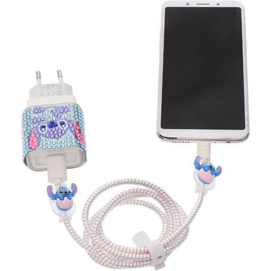 G-Power Hard Silicone Charger Protector and Cable Protector | Glitter-Printed Cartoon Character Design - Set of 4 Pieces - Multi Color