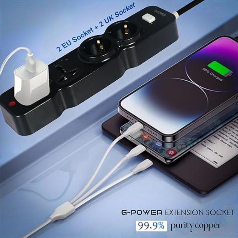 G-Power GP582BK Power Strip | 2 EU & UK Ports, Control Button, 250V, 2M Cable - Black