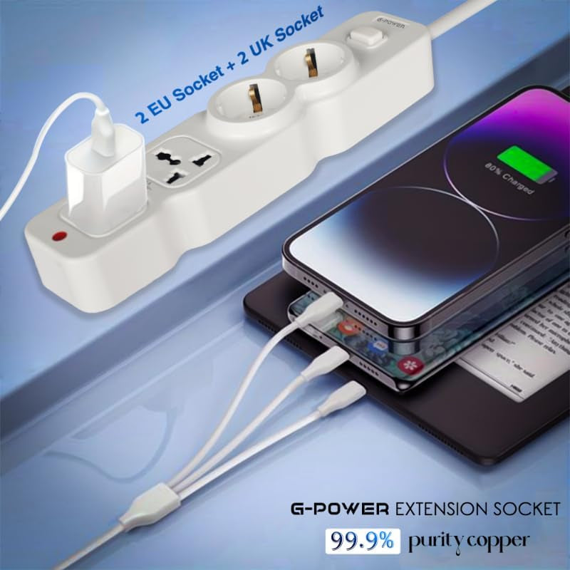 G-Power GP583WE Power Strip | 2 EU & UK Ports, Control Button, 250V, 3M Cable - White