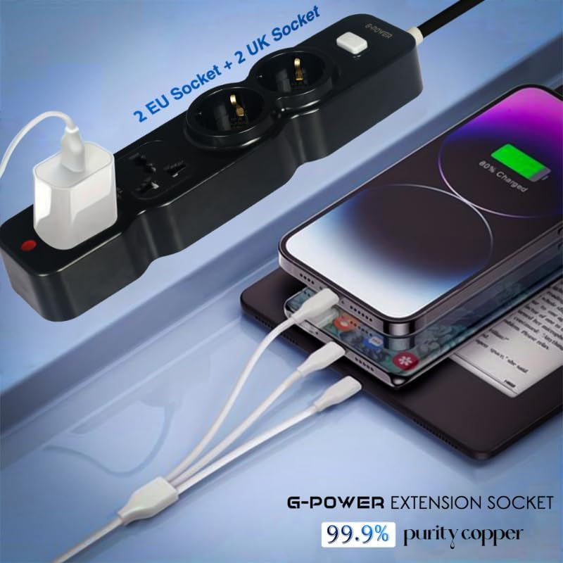 G-Power GP586BK EU Plug Power Strip Control Button With Two EU And UK Ports 250V 6M - Black