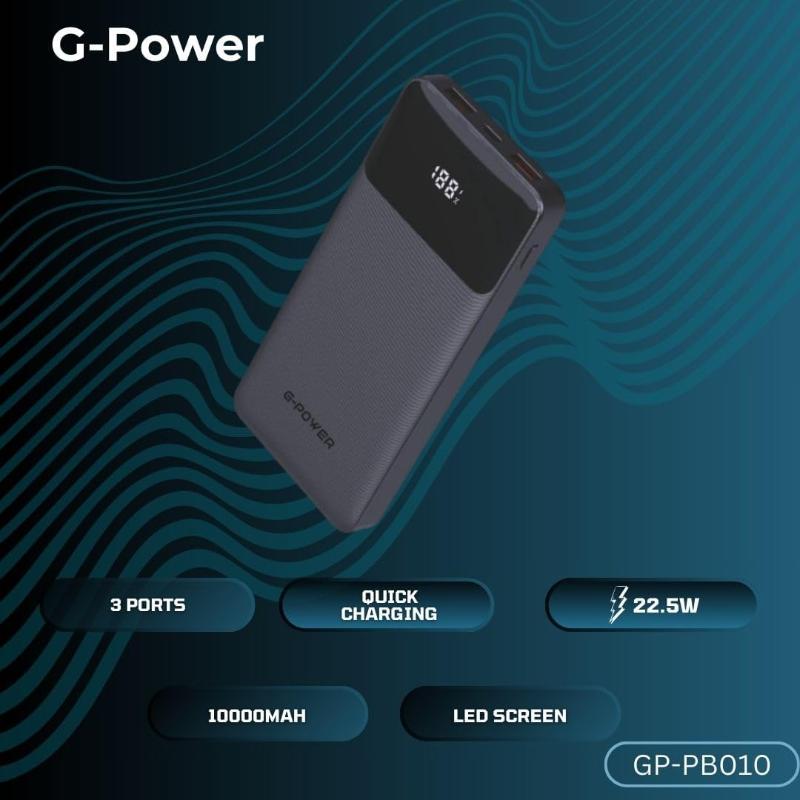 G-Power GP-PB010 Power Bank | 10,000mAh, LED Display, 2 USB & Type-C Ports, 22.5W Quick Charge - Black