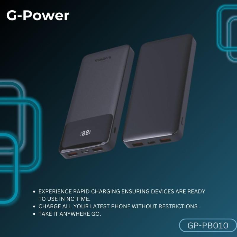 G-Power GP-PB010 Power Bank | 10,000mAh, LED Display, 2 USB & Type-C Ports, 22.5W Quick Charge - Black