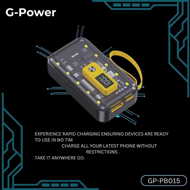 G-Power GP-PB015 Power Bank | 10,000mAh, LED Light, Transparent Design, 2 Ports, 3 Built-in Cables, 22.5W Quick Charge - Black