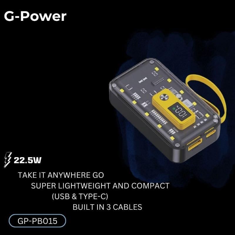 G-Power GP-PB015 Power Bank | 10,000mAh, LED Light, Transparent Design, 2 Ports, 3 Built-in Cables, 22.5W Quick Charge - Black