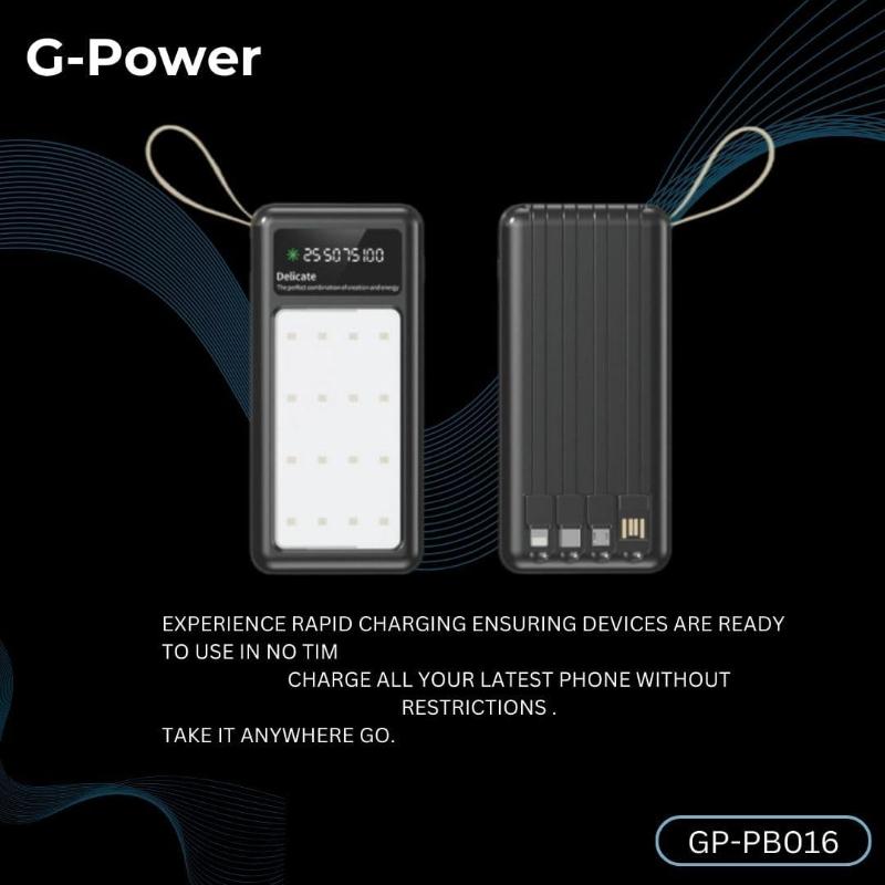 G-Power GP-PB016 Power Bank | 10,000mAh, Strong Light, 2 Ports, 4 Built-in Cables, 22.5W Quick Charge - Black
