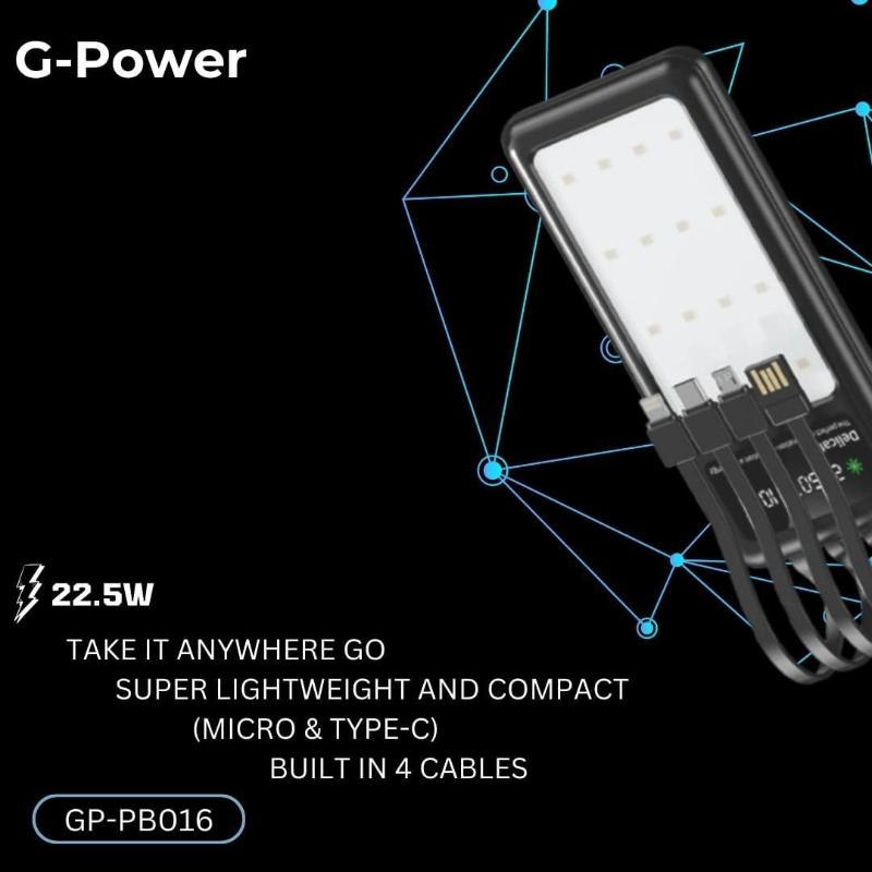 G-Power GP-PB016 Power Bank | 10,000mAh, Strong Light, 2 Ports, 4 Built-in Cables, 22.5W Quick Charge - Black