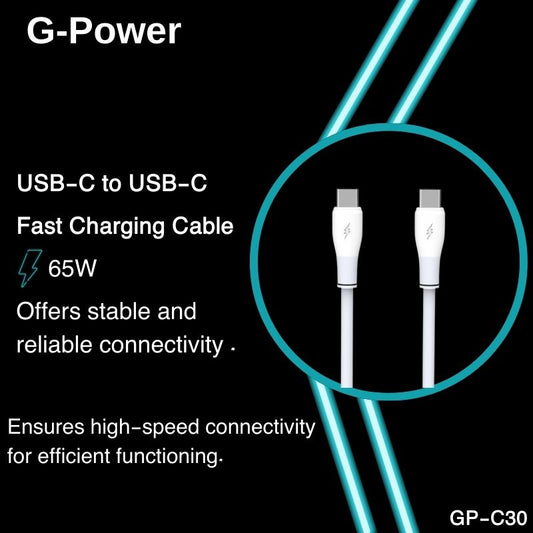 G-Power GP-C30 USB-C to USB-C Cable | 65W Fast Charging, 1200mm, Data Transfer - White