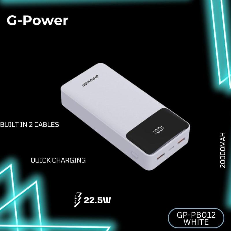 G-Power GP-PB012 Power Bank | 20,000mAh, LED Display, 3 Ports, 2 Built-in Cables, 22.5W Quick Charge - White