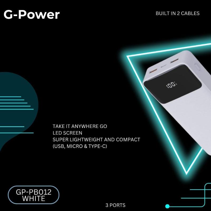 G-Power GP-PB012 Power Bank | 20,000mAh, LED Display, 3 Ports, 2 Built-in Cables, 22.5W Quick Charge - White