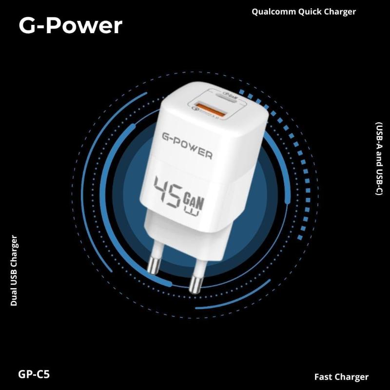 G-Power GP-C5 45W Dual USB Charger | USB-A & USB-C, Quick Charge 3.0 - White
