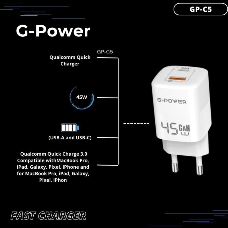 G-Power GP-C5 45W Dual USB Charger | USB-A & USB-C, Quick Charge 3.0 - White