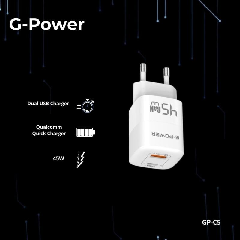 G-Power GP-C5 45W Dual USB Charger | USB-A & USB-C, Quick Charge 3.0 - White