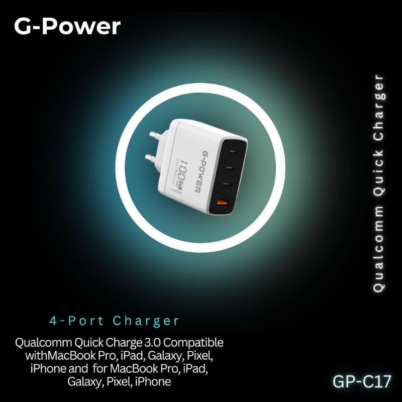 G-Power GP-C17 100W 4-Port Charger | USB-A & 3 USB-C, Quick Charge 3.0 - White