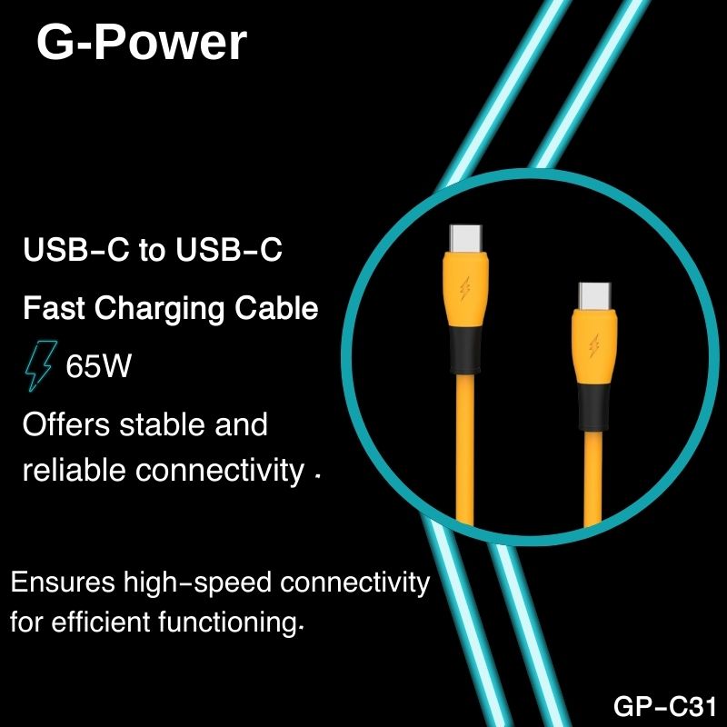 G-Power GP-C31 USB-C to USB-C Cable | 65W Fast Charging, 1200mm, Data Transfer - Yellow