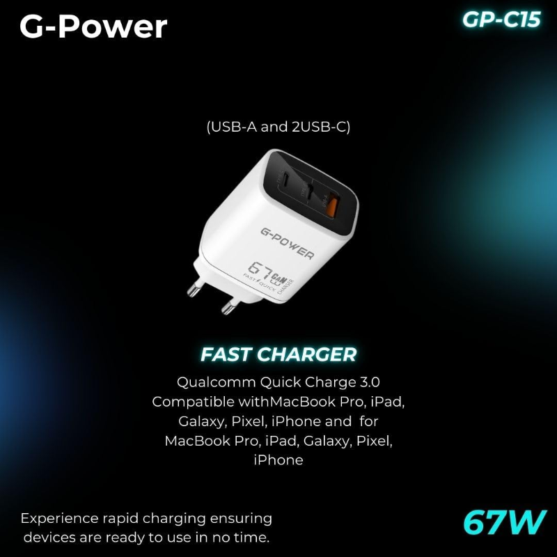 G-Power GP-C15 67W 3-Port Charger | USB-A & 2 USB-C, Quick Charge 3.0 - White