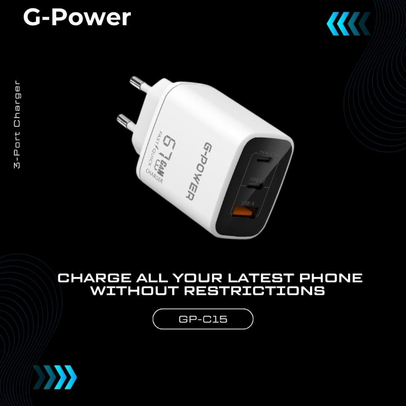 G-Power GP-C15 67W 3-Port Charger | USB-A & 2 USB-C, Quick Charge 3.0 - White