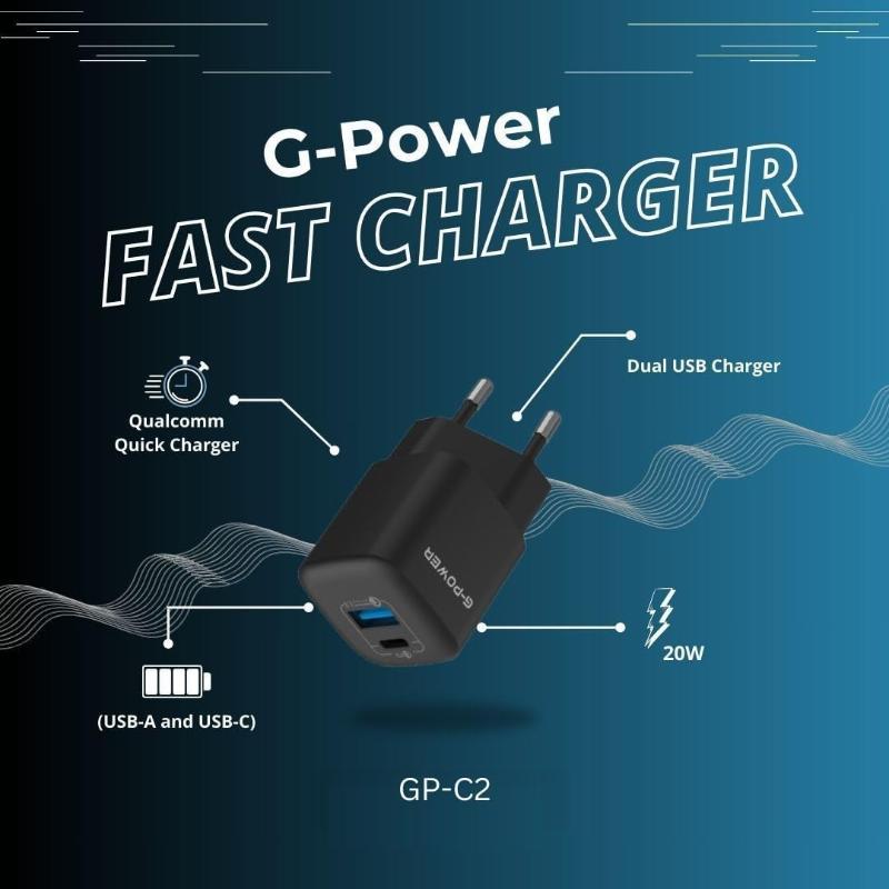 G-Power GP-C2 20W Dual USB Charger | USB-A & USB-C, Quick Charge 3.0 - Black