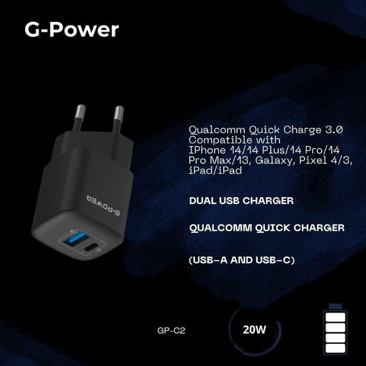 G-Power GP-C2 20W Dual USB Charger | USB-A & USB-C, Quick Charge 3.0 - Black