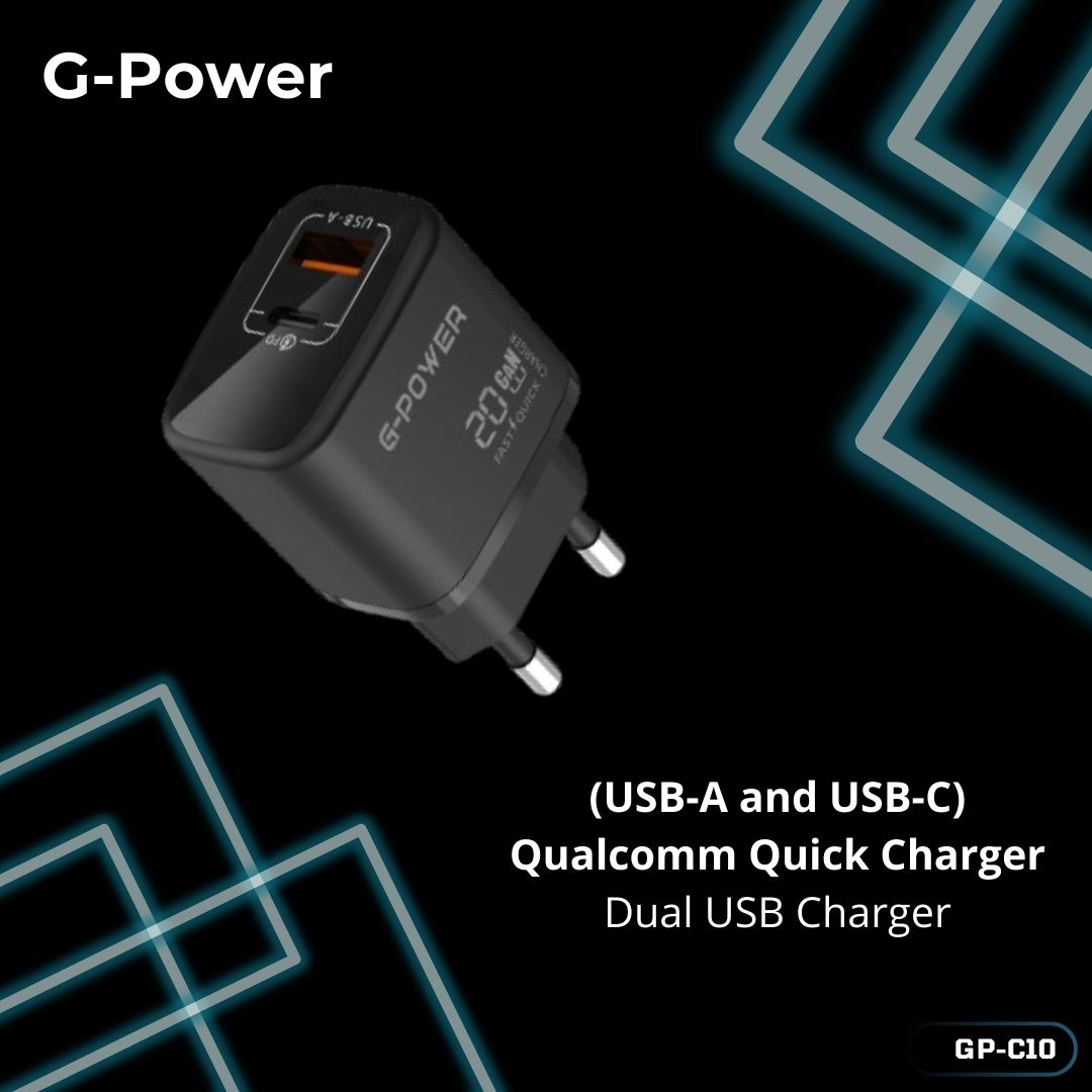 G-Power GP-C10 20W Dual USB Charger | USB-A & USB-C, Quick Charge 3.0 - Black