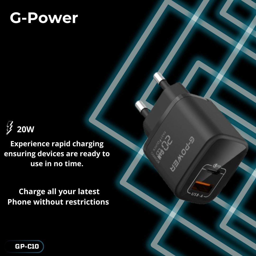 G-Power GP-C10 20W Dual USB Charger | USB-A & USB-C, Quick Charge 3.0 - Black