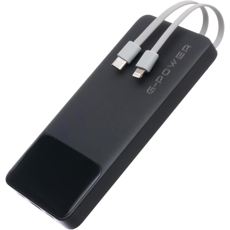 G-Power GP-PB011 Power Bank | 10,000mAh, LED Display, 3 Ports, Built-in Cables, 22.5W Quick Charge - Black