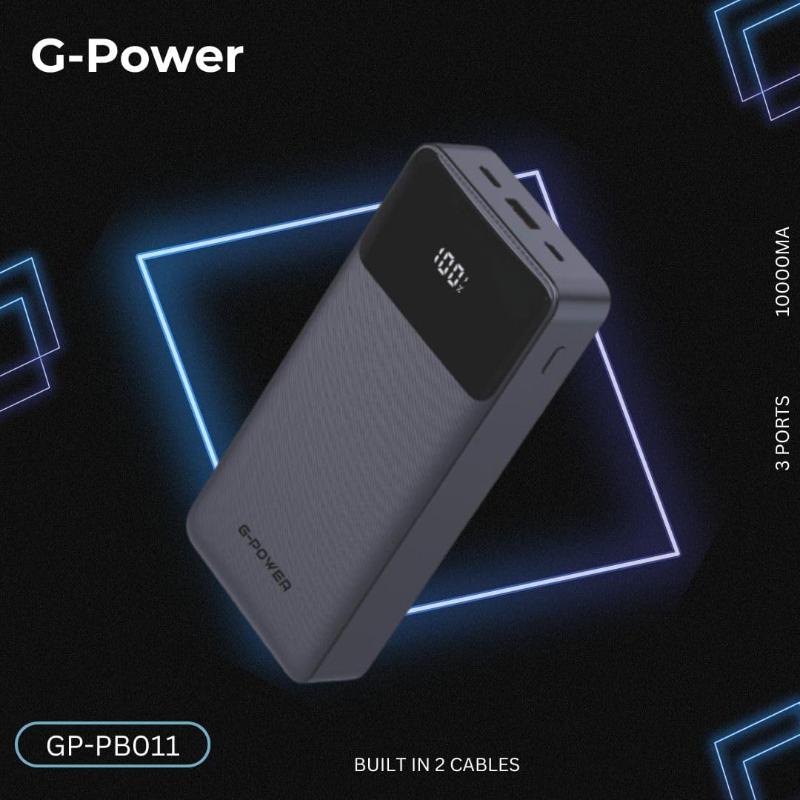 G-Power GP-PB011 Power Bank | 10,000mAh, LED Display, 3 Ports, Built-in Cables, 22.5W Quick Charge - Black