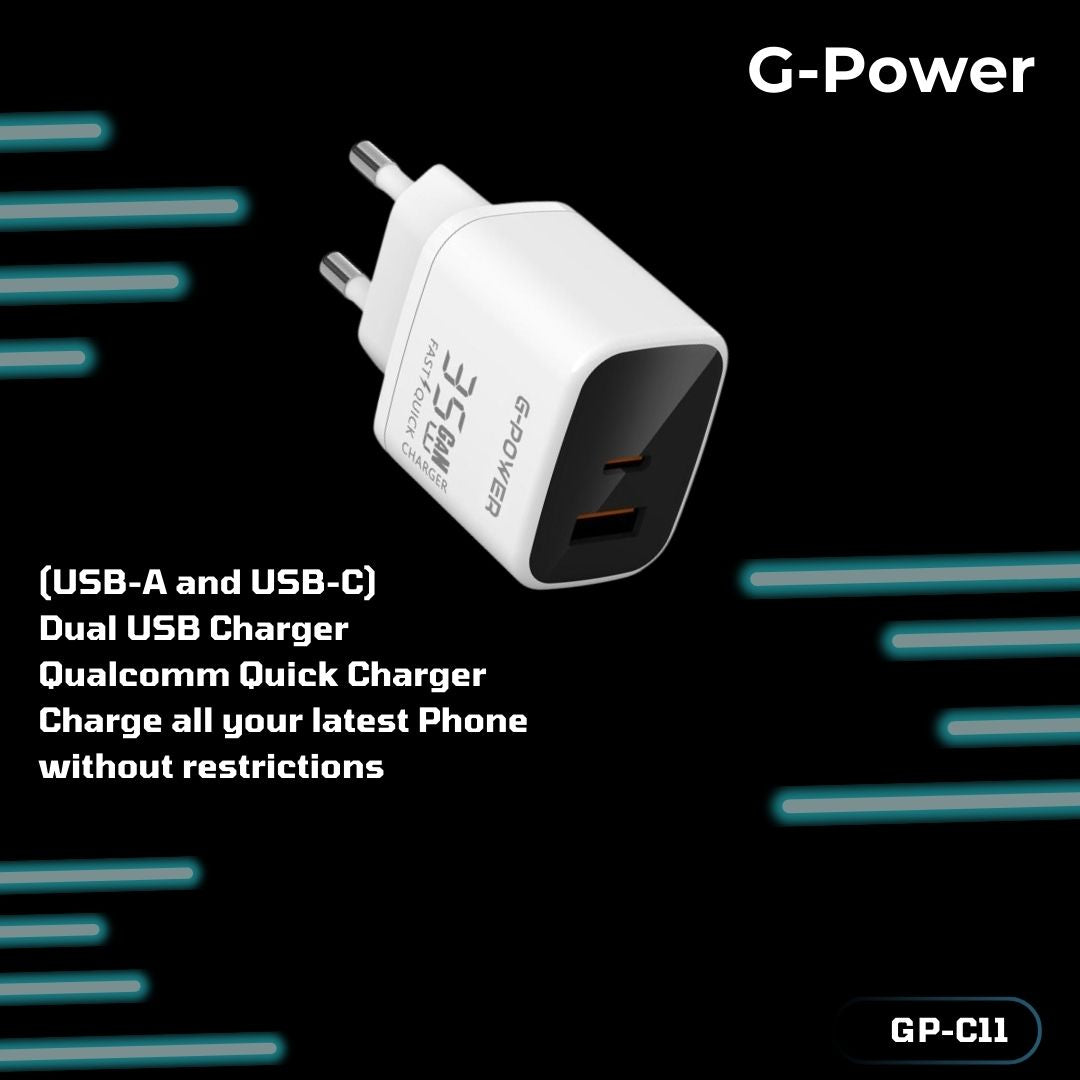 G-Power GP-C11 35W Dual USB Charger | USB-A & USB-C, Quick Charge 3.0 - White